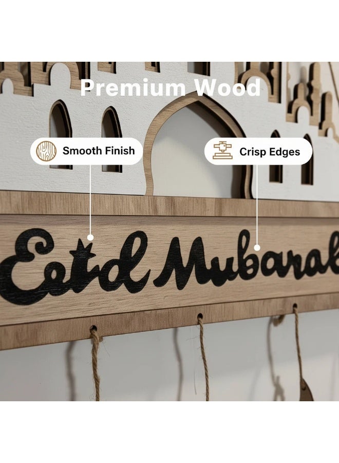 زينة جدارية خشبية معلقة على شكل مسجد بمناسبة رمضان وعيد الفطر، بتصميم عربي أنيق مزين بزخارف القمر والنجوم، مثالية لتزيين غرفة المعيشة أو المدخل أو المنزل في رمضان أو العيد. - Image 4