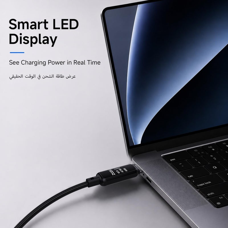 بزوز كابل 240W USB C إلى USB C بطول 2 متر مع عرض طاقة LED | كابل شحن سريع PD 3.1 مع عرض طاقة في الوقت الفعلي لـ MacBook و iPhone 17/16/15 و iPad. - Image 2