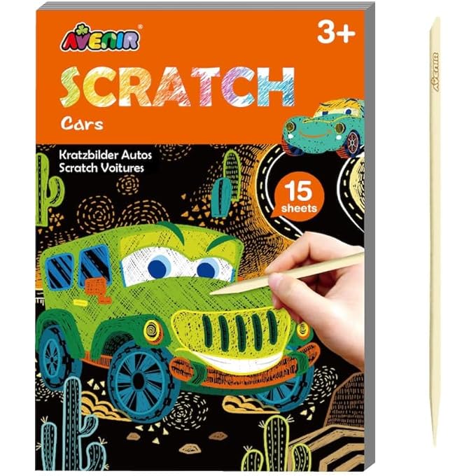 Avenir Mini Scratch Book: Cars Edition offers 15 pages of creativity and wonder, suitable for ages 3+, allowing children to scratch and reveal vivid colors.