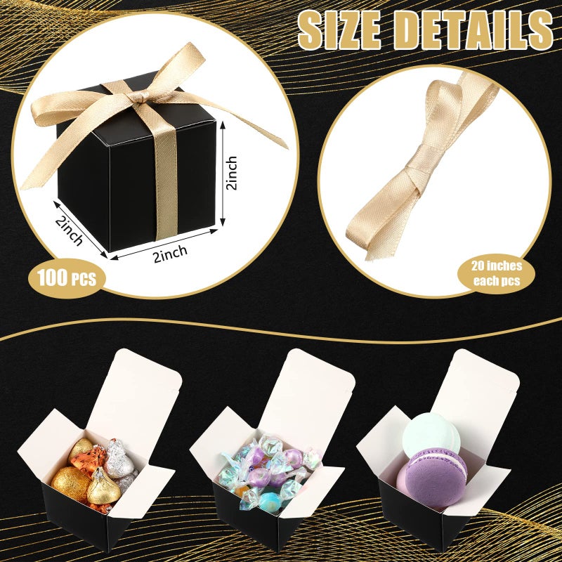 Jutom 100 Pcs Mini Favor Boxes Extra Small Candy Boxes Paper with Gold Ribbon for Baby Shower Birthday Wedding Anniversary Supplies(2 x 2 x 2 Inch,Black) - Image 2