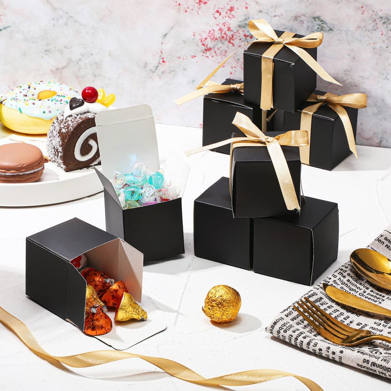 Jutom 100 Pcs Mini Favor Boxes Extra Small Candy Boxes Paper with Gold Ribbon for Baby Shower Birthday Wedding Anniversary Supplies(2 x 2 x 2 Inch,Black) - Image 5