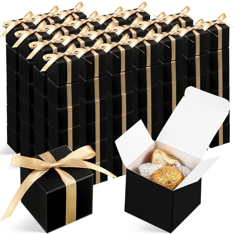 Jutom 100 Pcs Mini Favor Boxes Extra Small Candy Boxes Paper with Gold Ribbon for Baby Shower Birthday Wedding Anniversary Supplies(2 x 2 x 2 Inch,Black) - Image 1