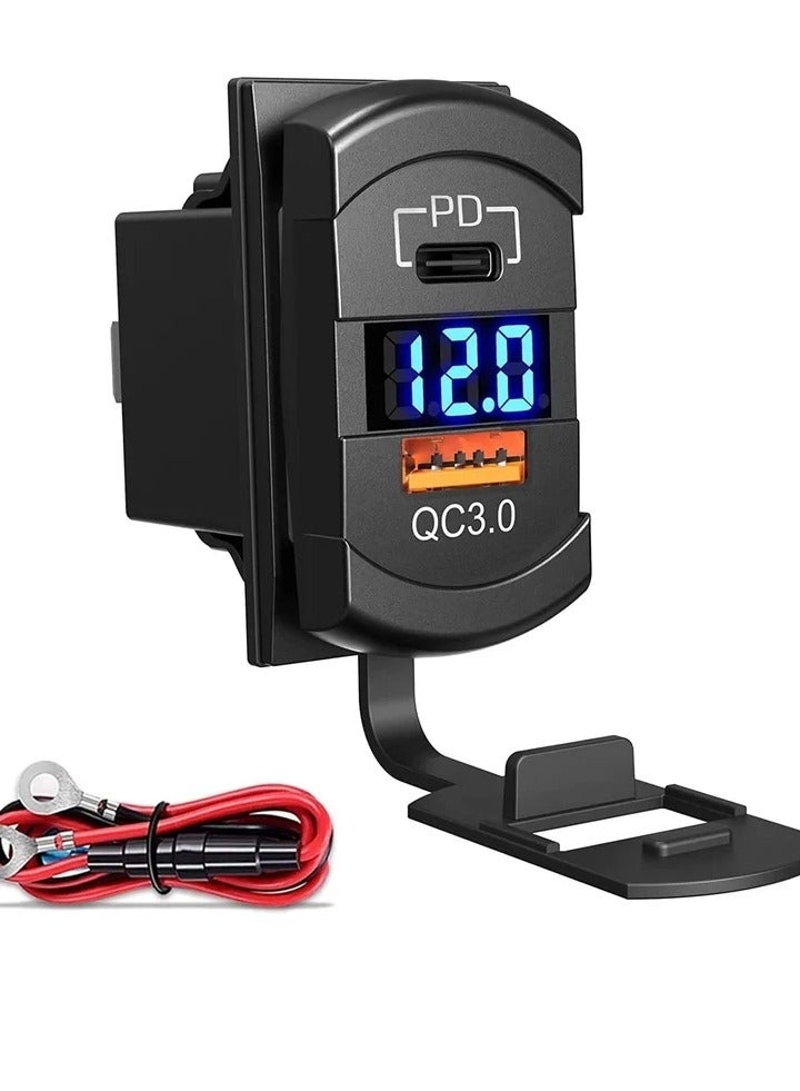 USB C Car Charger Socket Rocker Style Switch Replacement, Dual PD and QC3.0 12V/24V Panel Mount USB Outlet with LED Voltmeter for Boat Marine Truck Bus Off Road Vehicles RV Golf Cart, etc. - Image 1
