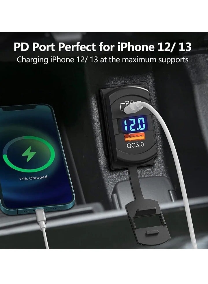 USB C Car Charger Socket Rocker Style Switch Replacement, Dual PD and QC3.0 12V/24V Panel Mount USB Outlet with LED Voltmeter for Boat Marine Truck Bus Off Road Vehicles RV Golf Cart, etc. - Image 2