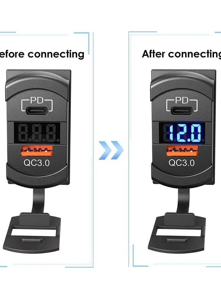 USB C Car Charger Socket Rocker Style Switch Replacement, Dual PD and QC3.0 12V/24V Panel Mount USB Outlet with LED Voltmeter for Boat Marine Truck Bus Off Road Vehicles RV Golf Cart, etc. - Image 3