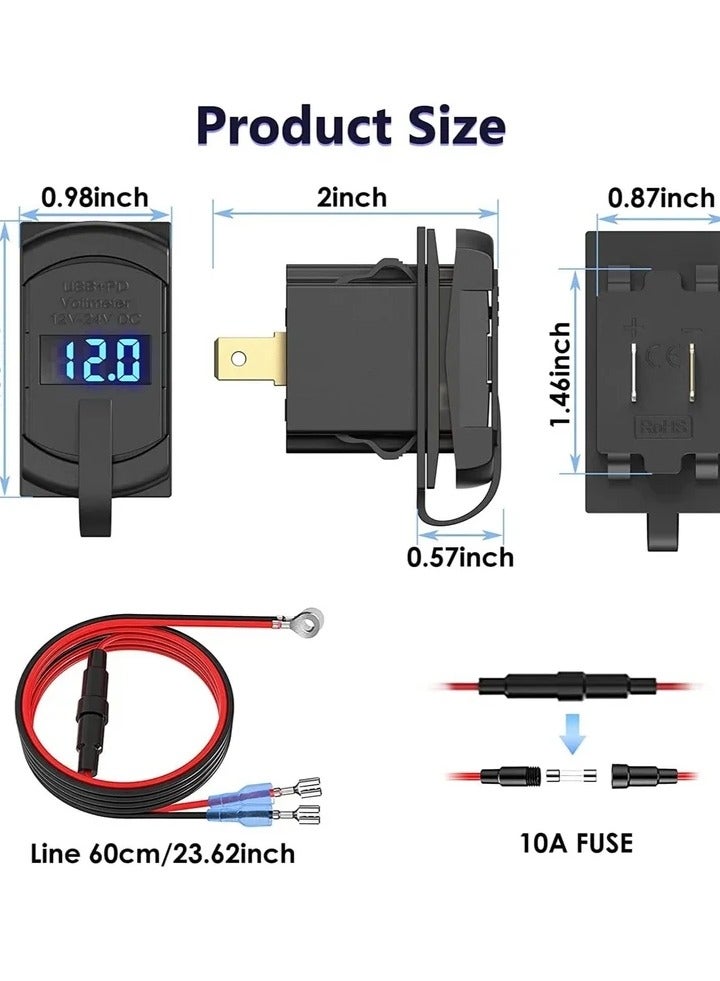USB C Car Charger Socket Rocker Style Switch Replacement, Dual PD and QC3.0 12V/24V Panel Mount USB Outlet with LED Voltmeter for Boat Marine Truck Bus Off Road Vehicles RV Golf Cart, etc. - Image 4