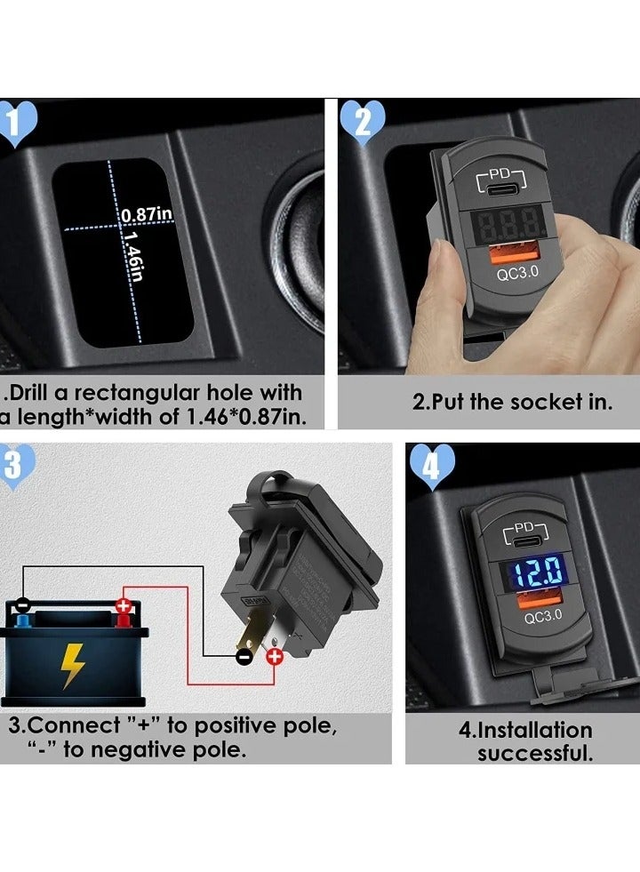 USB C Car Charger Socket Rocker Style Switch Replacement, Dual PD and QC3.0 12V/24V Panel Mount USB Outlet with LED Voltmeter for Boat Marine Truck Bus Off Road Vehicles RV Golf Cart, etc. - Image 5