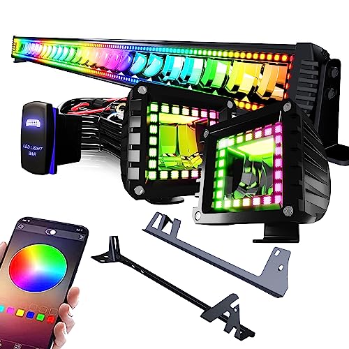 FEELON 52" inch RGB LED Light Bar + 2x 4 Inch Flood RGB LED Pods with Multi-Color Chasing RGB Halo 16 Solid Colors with Upper Windshield Mounting Brackets Fit Wrangler JK 2007-2018 with Wiring Harness - Image 1