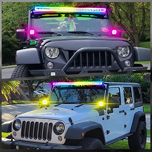 FEELON 52" inch RGB LED Light Bar + 2x 4 Inch Flood RGB LED Pods with Multi-Color Chasing RGB Halo 16 Solid Colors with Upper Windshield Mounting Brackets Fit Wrangler JK 2007-2018 with Wiring Harness - Image 2