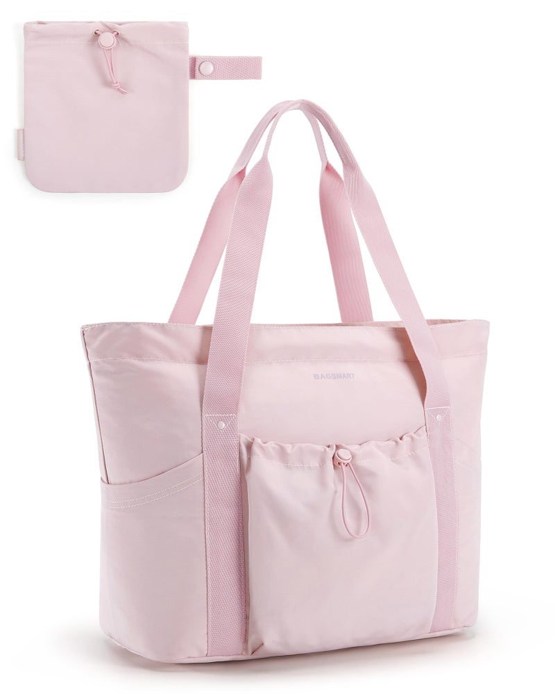 BAGSMART BAGSMART Women Foldable Tote Bag with Drawstring Storage Bag, Large Tote Bag Shoulder Bag Top Handle Handbag for Travel, Work, Beach, Gym, Shop, (Pink)  - Image 1