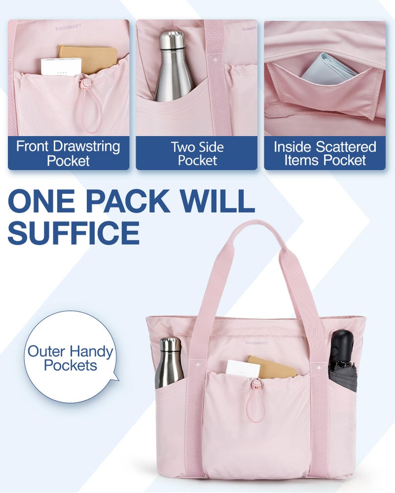 BAGSMART BAGSMART Women Foldable Tote Bag with Drawstring Storage Bag, Large Tote Bag Shoulder Bag Top Handle Handbag for Travel, Work, Beach, Gym, Shop, (Pink)  - Image 3