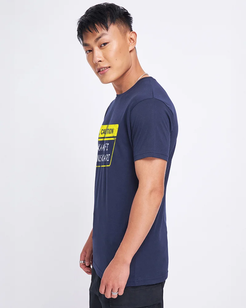 bewakoof Men's Navy Blue Kaafi Sanskari Typography T-shirt