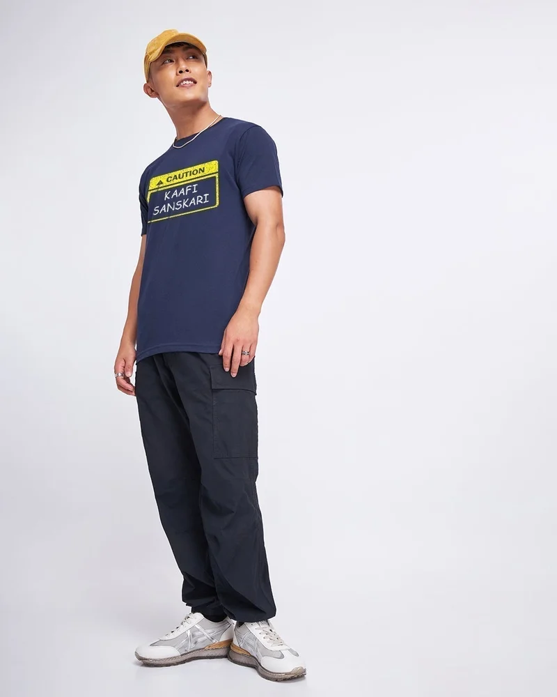 bewakoof Men's Navy Blue Kaafi Sanskari Typography T-shirt