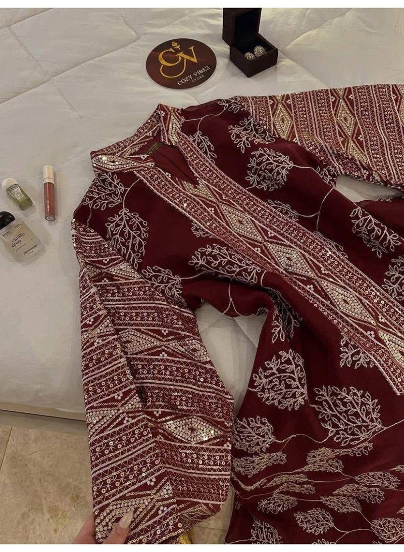 عباية حريمي مطرزة ستايل مغربي خامة كتان إسباني مستورد  تصميم واسع أنيق للمحجبات  كود 6370 مقاس 1: عرض 60 سم – مناسب حتى 85 كجم باللون النبيتي - Image 4