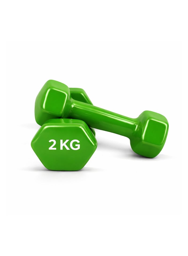 H PRO HM Sports 2kg Vinyl Dumbbells Pair Set of 2 | Green Hand Weights for Home Gym Workout - Image 2