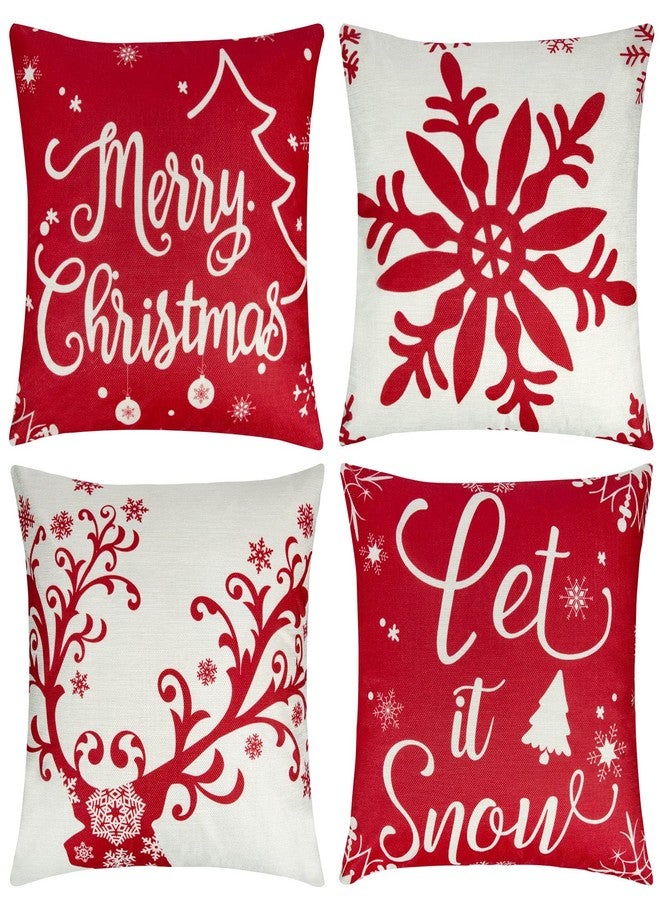 Ouddy 4Pcs Outdoor Christmas Pillows, Red Christmas Throw Pillows, Snowflakes Merry Christmas Let it Snow Deer Christmas Pillow Cases Holiday Pillow Covers 18x18 for Winter Home Decorations - Image 1