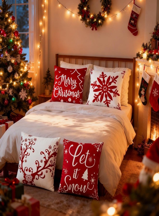 Ouddy 4Pcs Outdoor Christmas Pillows, Red Christmas Throw Pillows, Snowflakes Merry Christmas Let it Snow Deer Christmas Pillow Cases Holiday Pillow Covers 18x18 for Winter Home Decorations - Image 4