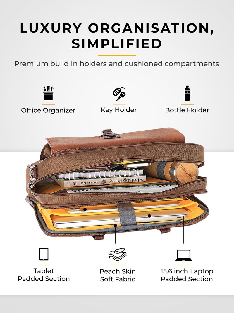 EUME Lexor Laptop Bag for Men | Office Bag for Men & Women | with Padded Compartment | Vegan Leather & Nylon Fabric | Fits Up to 15.6" Laptop & MacBook, 13L, Rustic Brown - Image 3