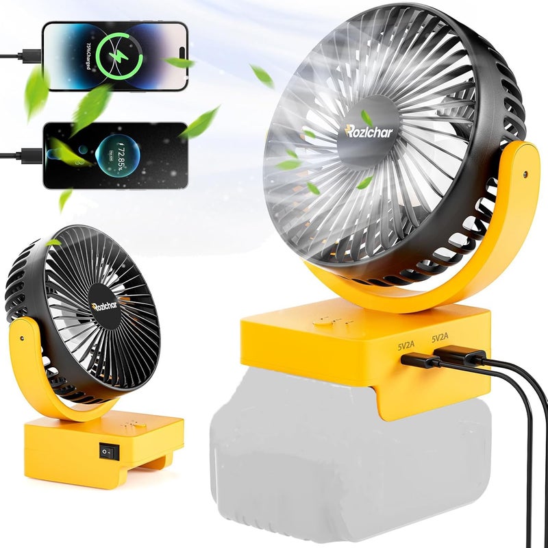 Rozlchar Rozlchar Portable Cordless Fan Compatible For DeWALT 18V 20V Battery Work for DCB182 DCB183 DCB205 DCB206 Jobsite Fan wUSB AC Fast Charging For Camping Workshop and Construction SiteNo Battery 