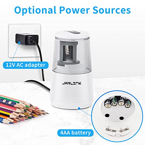 JARLINK Electric Pencil Sharpener, Heavy-Duty Helical Blade to Fast Sharpen, Auto Stop for No.2/Colored Pencils(6-8mm), AC Adapter/Battery Operated in School Classroom/Office/Home (White) - Image 5