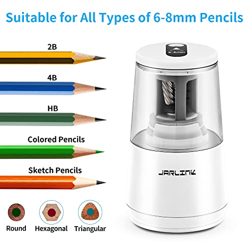 JARLINK Electric Pencil Sharpener, Heavy-Duty Helical Blade to Fast Sharpen, Auto Stop for No.2/Colored Pencils(6-8mm), AC Adapter/Battery Operated in School Classroom/Office/Home (White) - Image 4