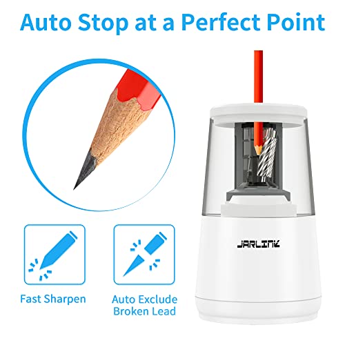 JARLINK Electric Pencil Sharpener, Heavy-Duty Helical Blade to Fast Sharpen, Auto Stop for No.2/Colored Pencils(6-8mm), AC Adapter/Battery Operated in School Classroom/Office/Home (White) - Image 3