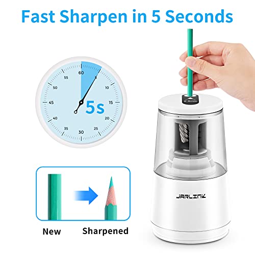 JARLINK Electric Pencil Sharpener, Heavy-Duty Helical Blade to Fast Sharpen, Auto Stop for No.2/Colored Pencils(6-8mm), AC Adapter/Battery Operated in School Classroom/Office/Home (White) - Image 2