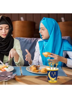 Y&D 48 Pcs Eid Mubarak Tableware Set Ramadan Mubarak Party Dinnerware Set Include Paper Plates Napkins Cups Forks For Eid Mubarak Muslim Ramadan Party Supplies Blue  - Image 5