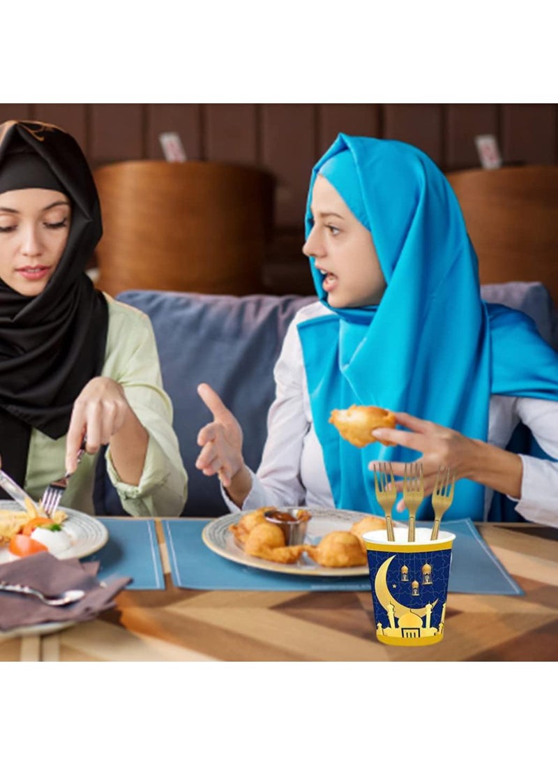 Y&D 48 Pcs Eid Mubarak Tableware Set Ramadan Mubarak Party Dinnerware Set Include Paper Plates Napkins Cups Forks For Eid Mubarak Muslim Ramadan Party Supplies Blue  - Image 5