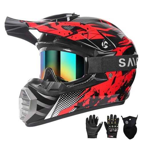 Cutey Youth Kids Motocross Helmet Adult ATV Dirt Bike Helmet OffRoad BMX 4Wheeler Full Face Motorcycle Helmet WGoggles Gloves Mask DOT Approved Red Camo L - Image 1
