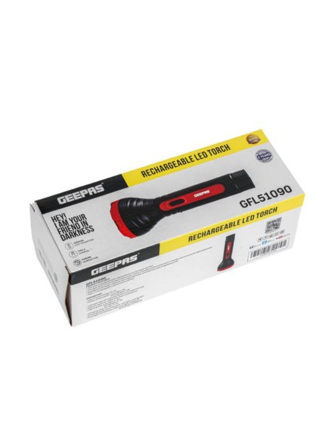 GEEPAS Advanced Rechargeable LED Torch with Robust Design: High-Power LED, Aluminum Reflector, and Ergonomic Grip. Ideal for Camping, Hiking, and Emergency Preparedness (Lead-Acid Battery, Black/Red  - Image 2