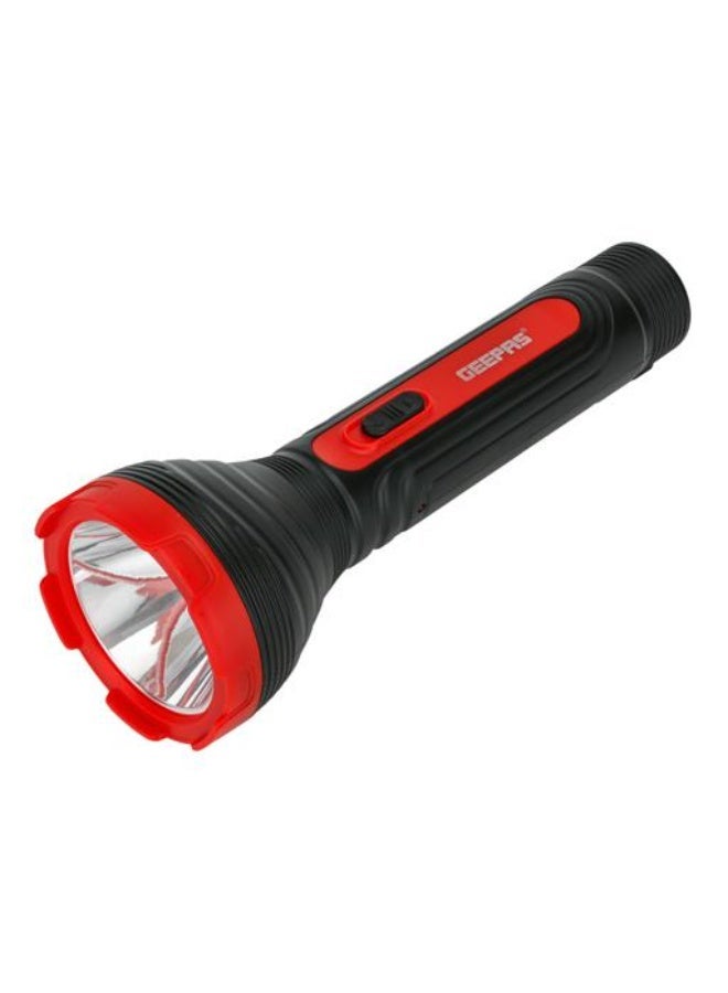 GEEPAS Advanced Rechargeable LED Torch with Robust Design: High-Power LED, Aluminum Reflector, and Ergonomic Grip. Ideal for Camping, Hiking, and Emergency Preparedness (Lead-Acid Battery, Black/Red - Image 1