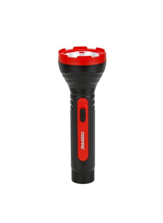 GEEPAS Advanced Rechargeable LED Torch with Robust Design: High-Power LED, Aluminum Reflector, and Ergonomic Grip. Ideal for Camping, Hiking, and Emergency Preparedness (Lead-Acid Battery, Black/Red - Image 2