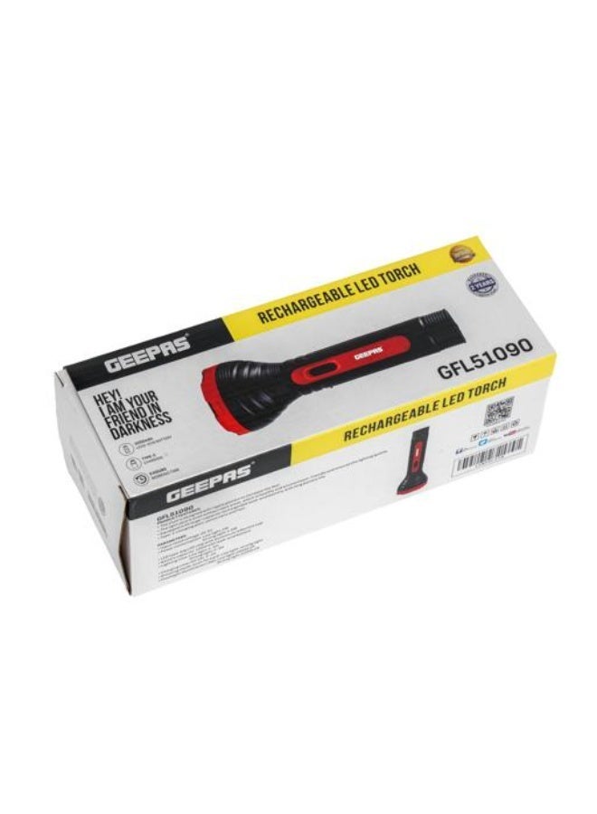 GEEPAS Advanced Rechargeable LED Torch with Robust Design: High-Power LED, Aluminum Reflector, and Ergonomic Grip. Ideal for Camping, Hiking, and Emergency Preparedness (Lead-Acid Battery, Black/Red - Image 3