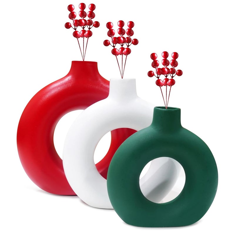 mosey Christmas Table Decor Donut Vase Set of 3 Christmas Decorations for Table Xmas Ceramic Decor Items for Home Dcor Red White Green Center Show Piece