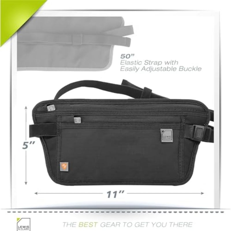 Travel waist pouch for RFID blocking, nylon black, lightweight secure storage for cash, cards, ID, passport - Image 4