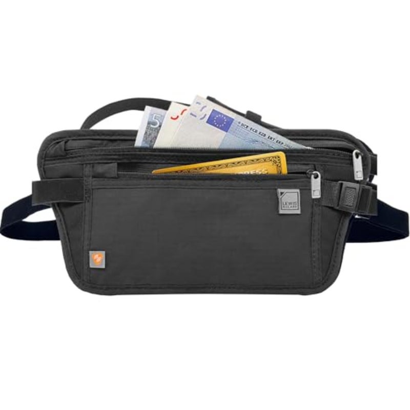 Travel waist pouch for RFID blocking, nylon black, lightweight secure storage for cash, cards, ID, passport - Image 2