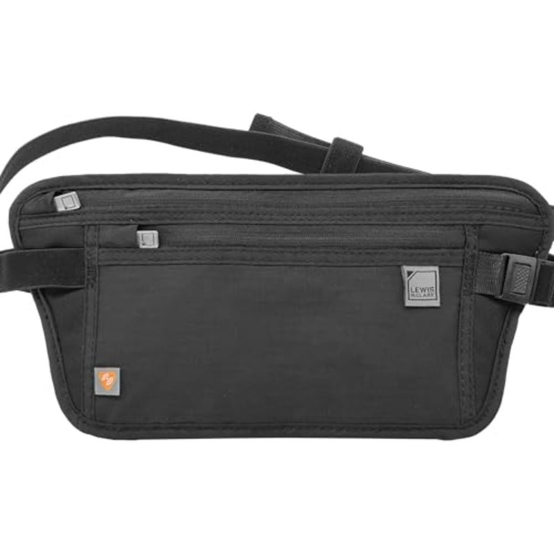 Travel waist pouch for RFID blocking, nylon black, lightweight secure storage for cash, cards, ID, passport - Image 1