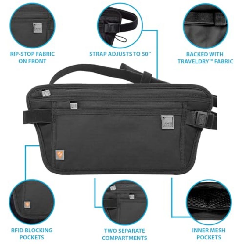 Travel waist pouch for RFID blocking, nylon black, lightweight secure storage for cash, cards, ID, passport - Image 3