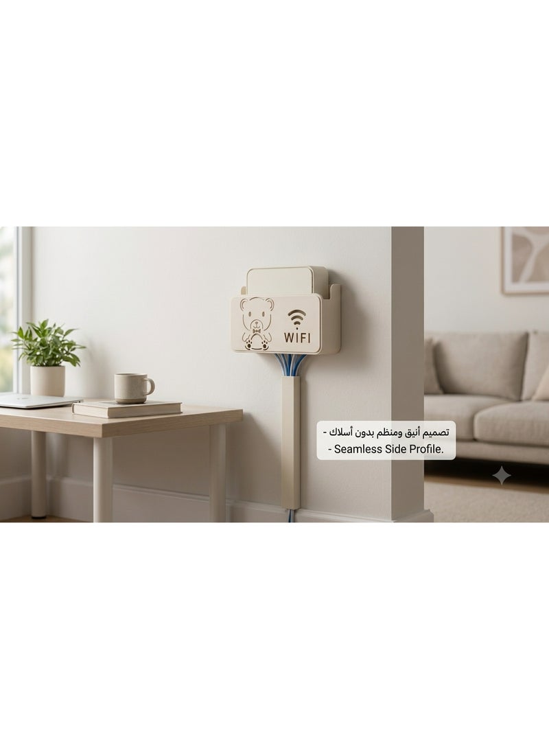 رف مثبت على الحائط لحمل جهاز الراوتر وتنظيم الكابلات، بتصميم لطيف يضم شكل دب وفتحة بشعار واى فاى – رف عائم متين يُثبت بلاصق قوي دون الحاجة للثقب، مناسب للمنزل والمكتب والمتجر – لون أبيض مائل للرمادي (أوف وايت) - Image 5