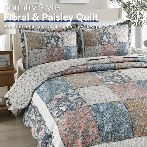 Yvooxny 3Piece Quilt Set King Size Quilted Bedspread Reversible Country Style Blue Floral Paisley Real Patchwork Bedding Quilt Set with Ruffles with Pillowcases for All Seasons 108 96 Inches - Image 3