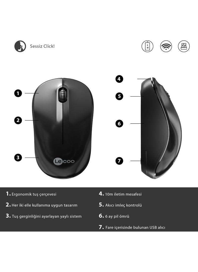 lecoo - WS206 Wireless 1200DPI 3-Button Optical Mouse Black - Image 1
