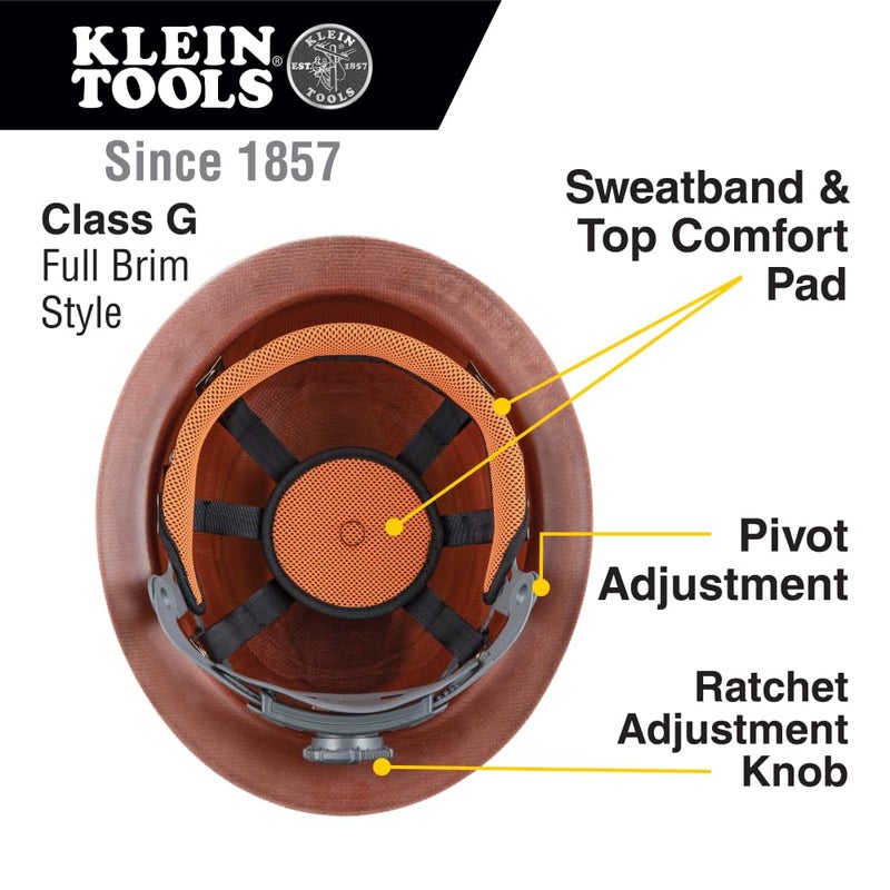 Klein Tools 60452 Hard Hat, Full Brim, Class G KONSTRUCT Series Hard Hat, Sweat-Wicking Sweatband, Top Pad, Brown - Image 3