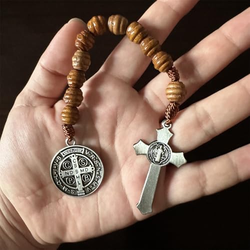 Bovemee Saint Benedict Medal Prayer Pocket Rosary Catholic Brown Wood Beads with Medalla de san benitol and Crucifix, 9 Inch (Antique Silver) - Image 4