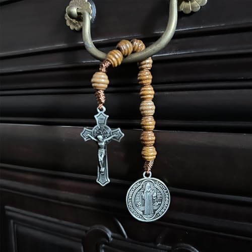 Bovemee Saint Benedict Medal Prayer Pocket Rosary Catholic Brown Wood Beads with Medalla de san benitol and Crucifix, 9 Inch (Antique Silver) - Image 2