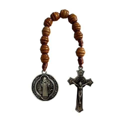 Bovemee Saint Benedict Medal Prayer Pocket Rosary Catholic Brown Wood Beads with Medalla de san benitol and Crucifix, 9 Inch (Antique Silver) - Image 1