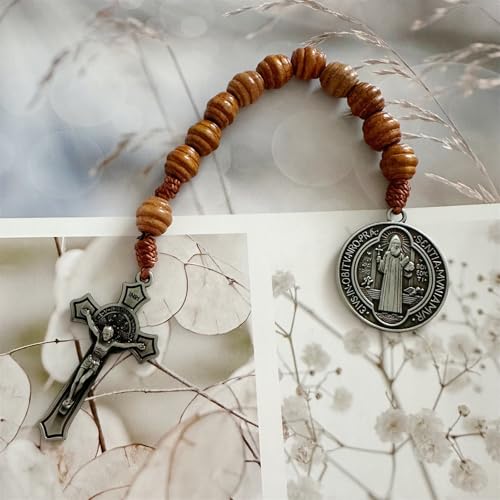 Bovemee Saint Benedict Medal Prayer Pocket Rosary Catholic Brown Wood Beads with Medalla de san benitol and Crucifix, 9 Inch (Antique Silver) - Image 3