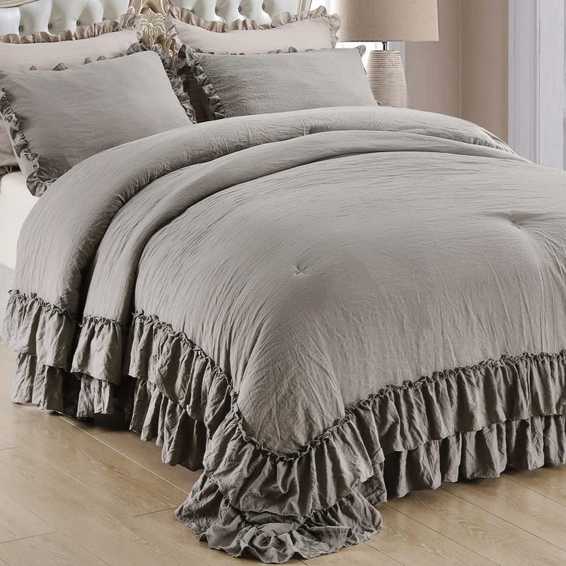 Masaca Gray Ruffled Comforter Set KingFarmhouse Shabby Boho Chic Bedding Comforter Lightweight Fluffy Aesthetic Vintage Rustic Bedding 3 Pieces 1 Ruffle Comforter and 2 Pillowcases