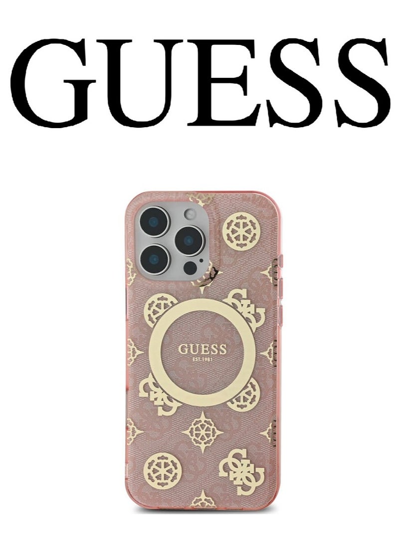 Back cover for iPhone 16 Pro Max case, supports MagSafe wireless charging, with original logo and approved design from the global brand Guess. From CG Mobile. Pink. - Image 1