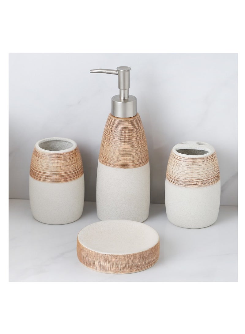 Rustic 4 Piece Ceramic Bathroom Accessories Set , Brown & White Striped Stoneware Finish | Includes Soap Dispenser, Toothbrush Holder, Tumbler & Soap Dish | Earthy Modern Countertop Organizer Décor Set for Bathroom Vanity